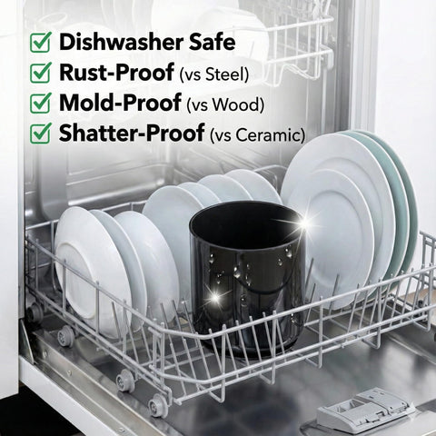 Cooler Kitchen rust-proof, dishwasher-safe construction for longevity.