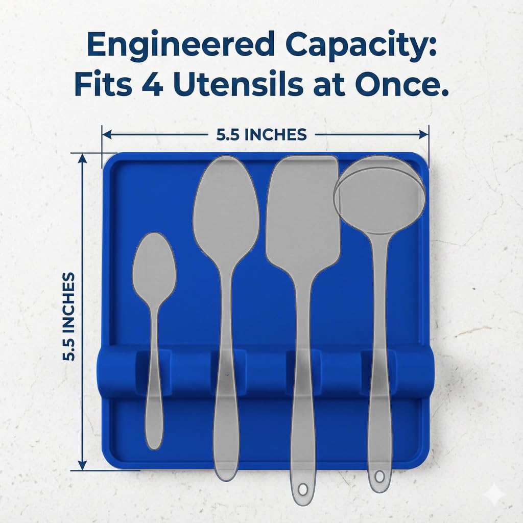 Cooler Kitchen stove-top spoon rest in blue silicone, heat resistant and easy to wipe