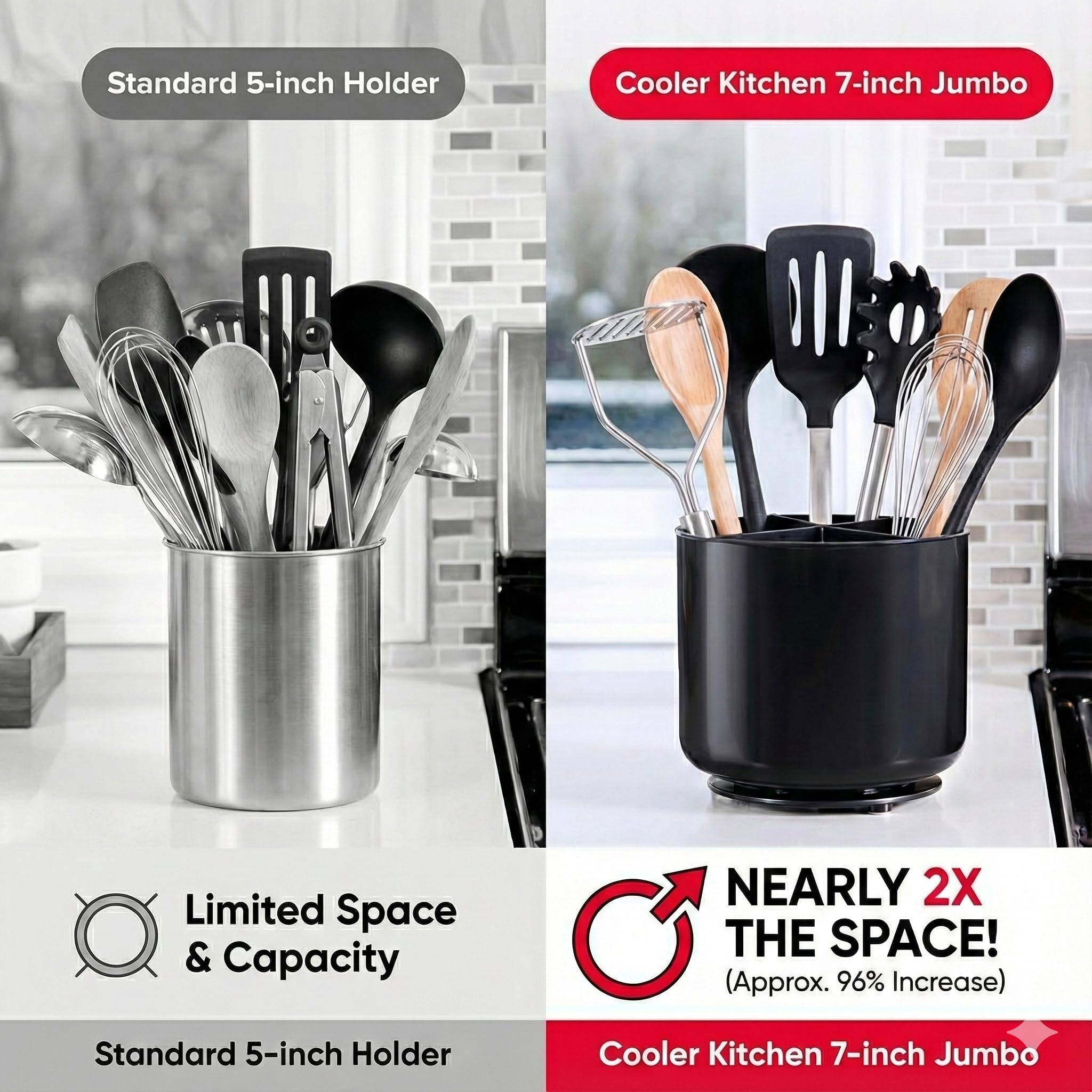 Cooler Kitchen tri-compartment divider organizes spoons, spatulas, and whisks efficiently.