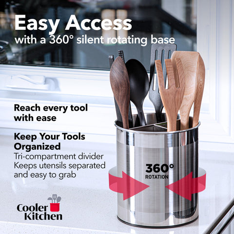 Cooler Kitchen utensil caddy tri-divider helps organize spoons, spatulas, and whisks at a glance.