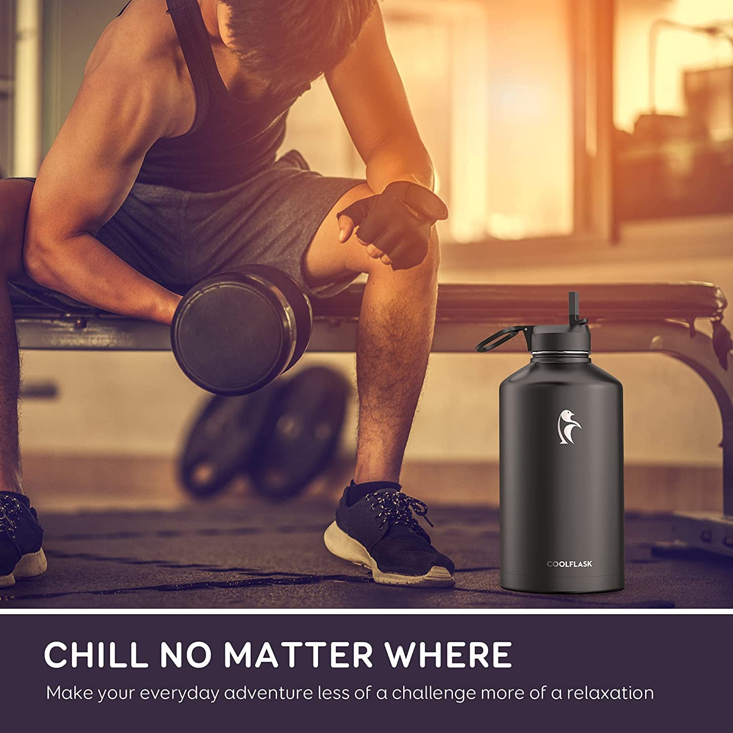 Coolflask gallon bottle screw-on lid with flip-handle for easy carry.