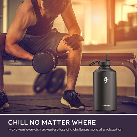 Coolflask gallon bottle screw-on lid with flip-handle for easy carry.