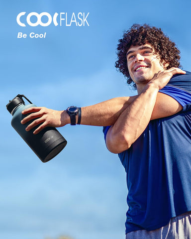 Coolflask half-gallon bottle Samurai Cyan 64oz capacity in use for longer outings.