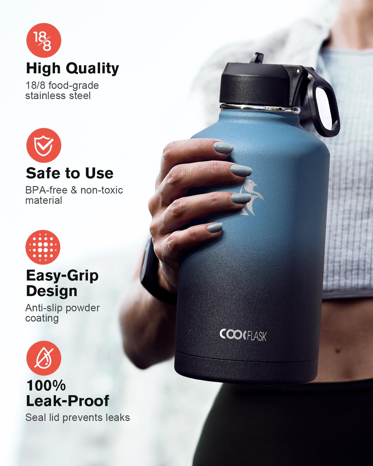 Coolflask half-gallon bottle Samurai Cyan flip-handle lid close-up improves portability.