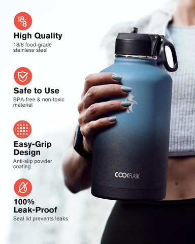 Coolflask half-gallon bottle Samurai Cyan flip-handle lid close-up improves portability.