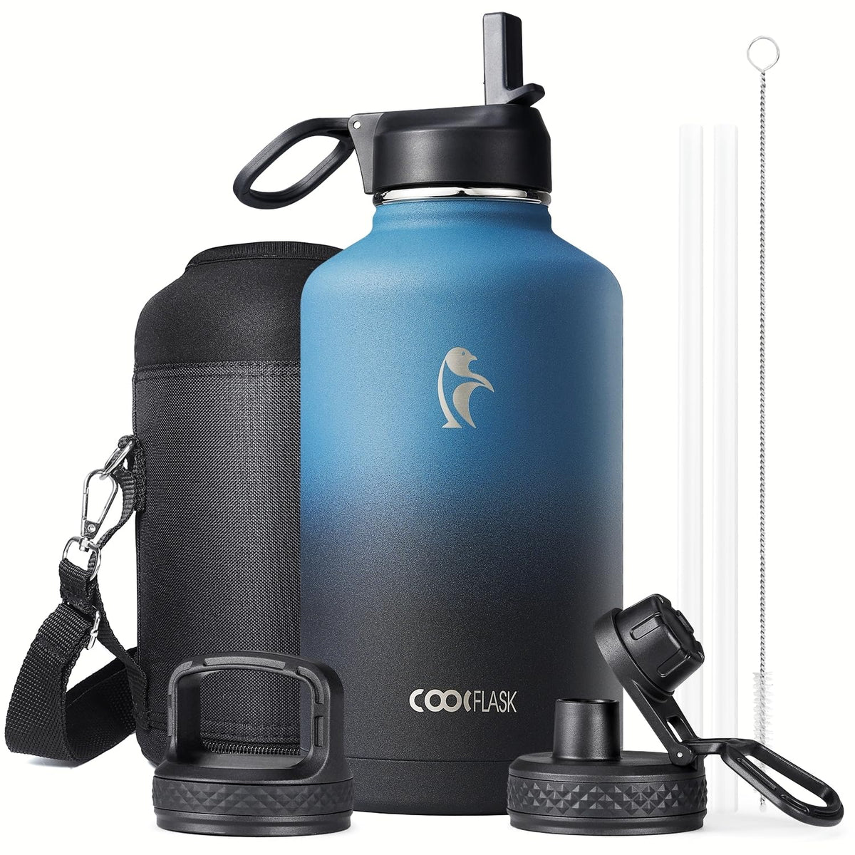 Coolflask half-gallon bottle Samurai Cyan front view highlights bold color and high capacity.