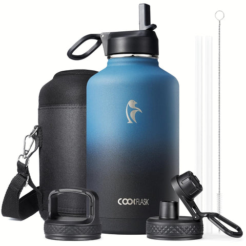 Coolflask half-gallon bottle Samurai Cyan front view highlights bold color and high capacity.
