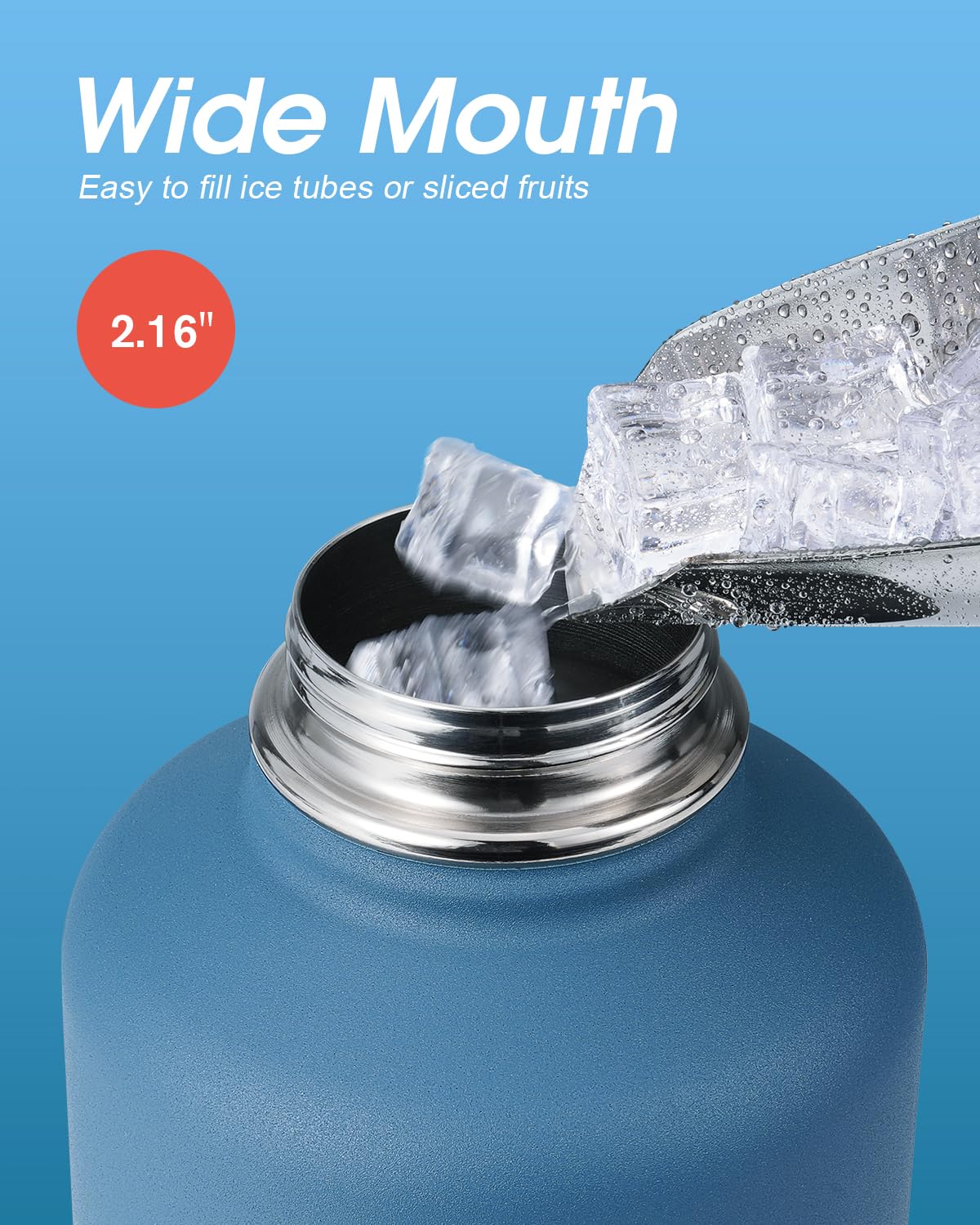Coolflask half-gallon bottle Samurai Cyan spout lid demonstrates easy hot beverage access.