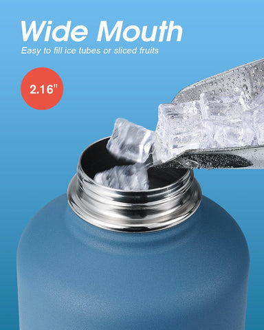 Coolflask half-gallon bottle Samurai Cyan spout lid demonstrates easy hot beverage access.