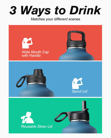 Coolflask half-gallon bottle Samurai Cyan straw lid close-up supports sipping convenience.