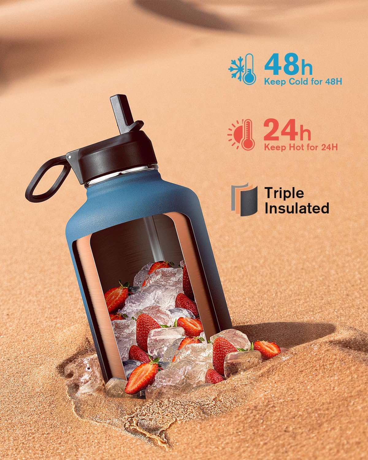 Coolflask half-gallon bottle Samurai Cyan three-lids view emphasizes versatile lids for on-the-go.