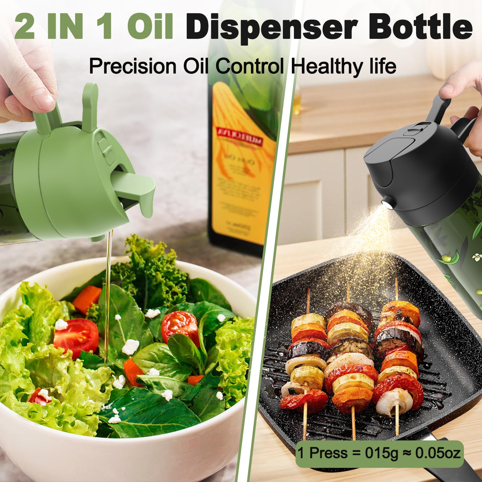 COOLMI olive oil bottle with precise dosing for even distribution.