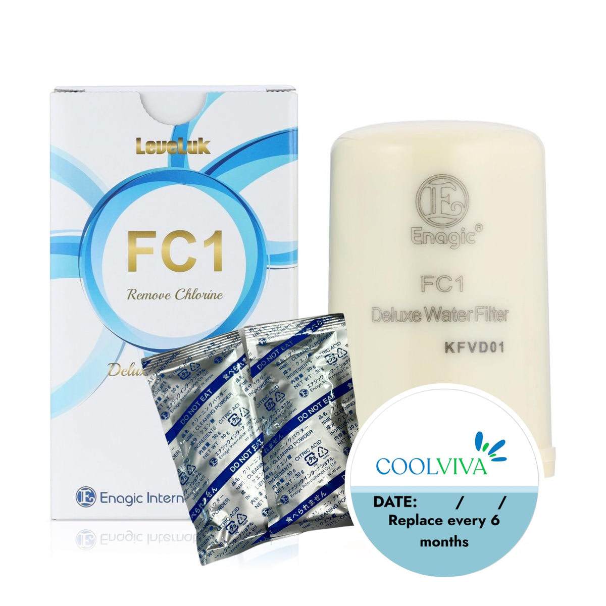 COOLVIVA FC1 water filter cartridge shown for improved home purification.