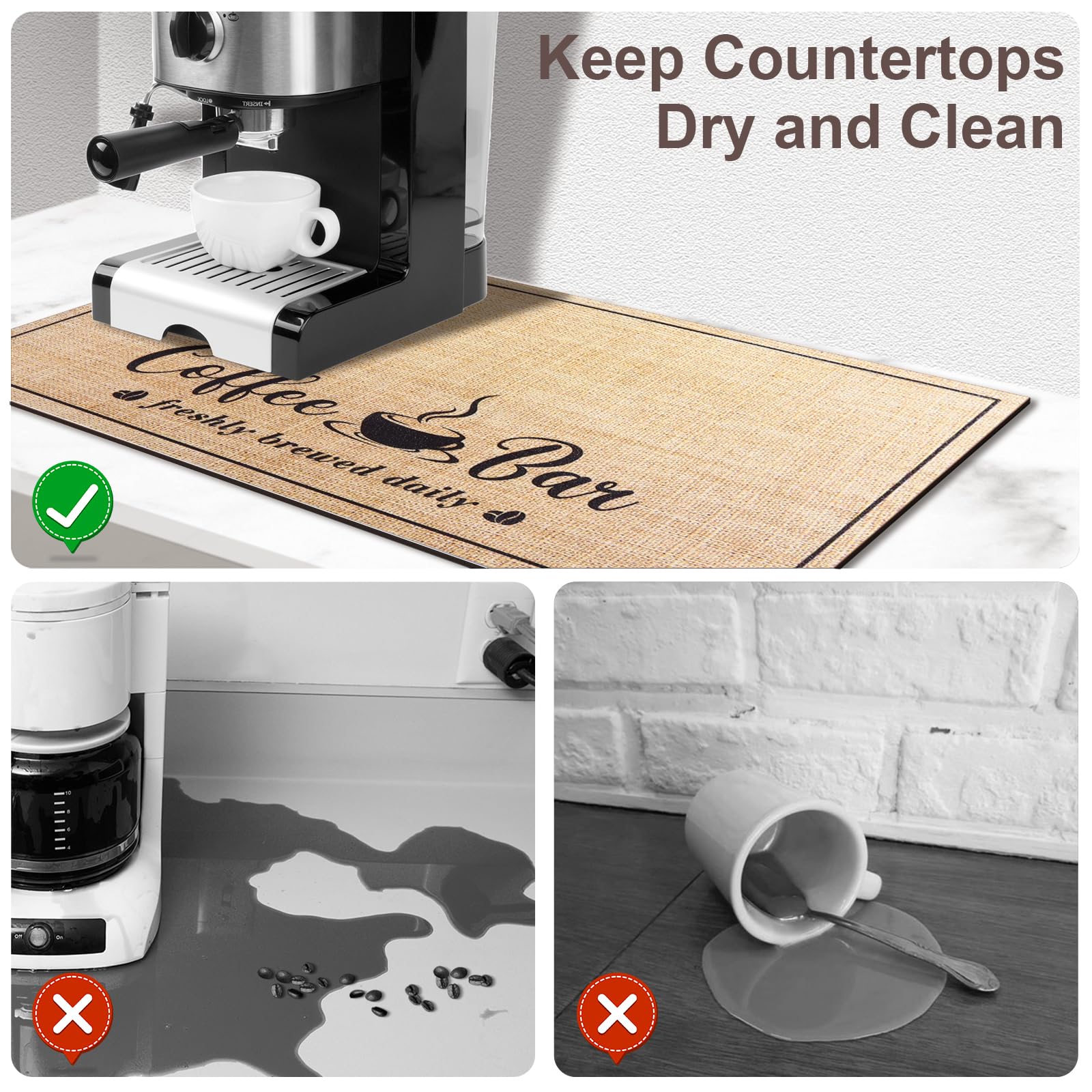 CooRug elegant pattern coffee mat enhances kitchen decor.
