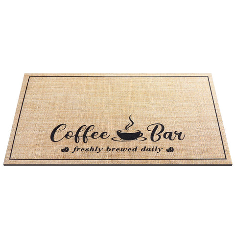 CooRug espresso machine area mat provides stable, tidy workspace.