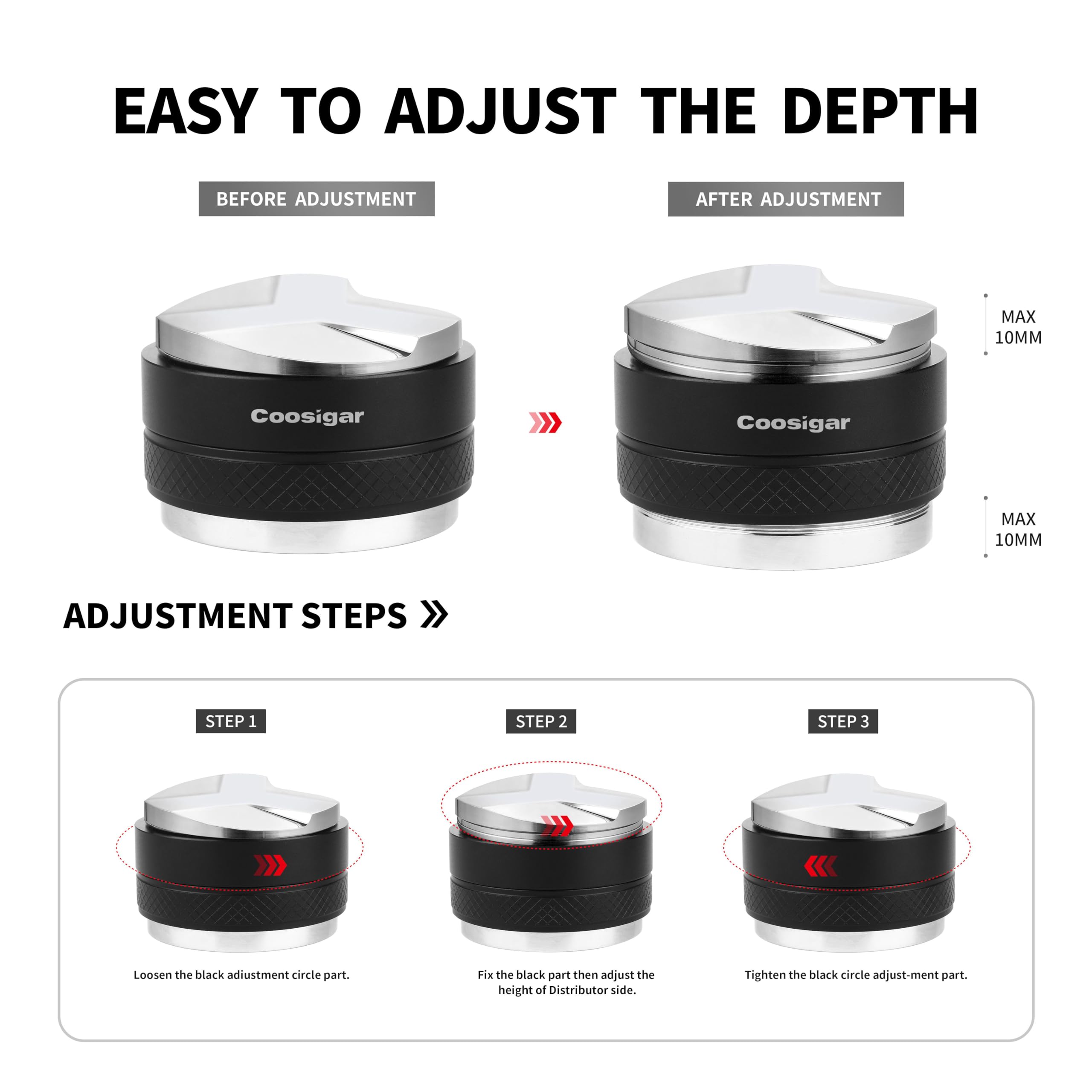 Coosigar height-adjustment without tools for consistent depth.