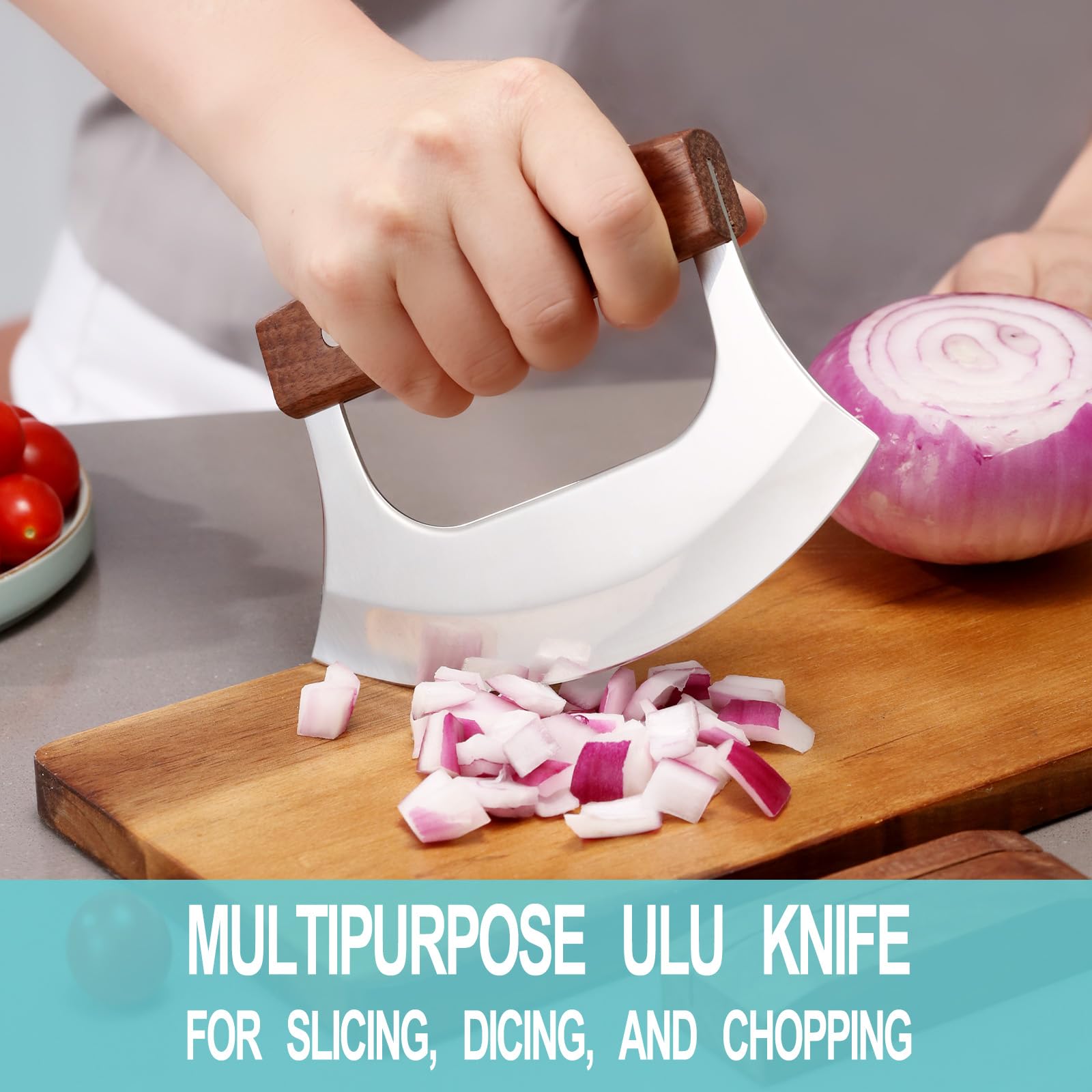 Coowolf Ulu Knife blade close-up showing curved stainless steel edge for smooth slicing.
