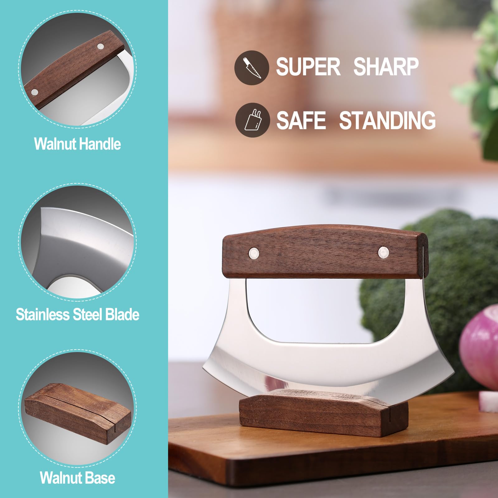 Coowolf Ulu Knife in action slicing pizza, meat, and vegetables for quick prep.