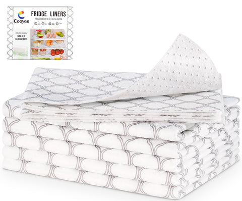 Cooyes fridge mats with non-slip back points keep mats in place on shelves.
