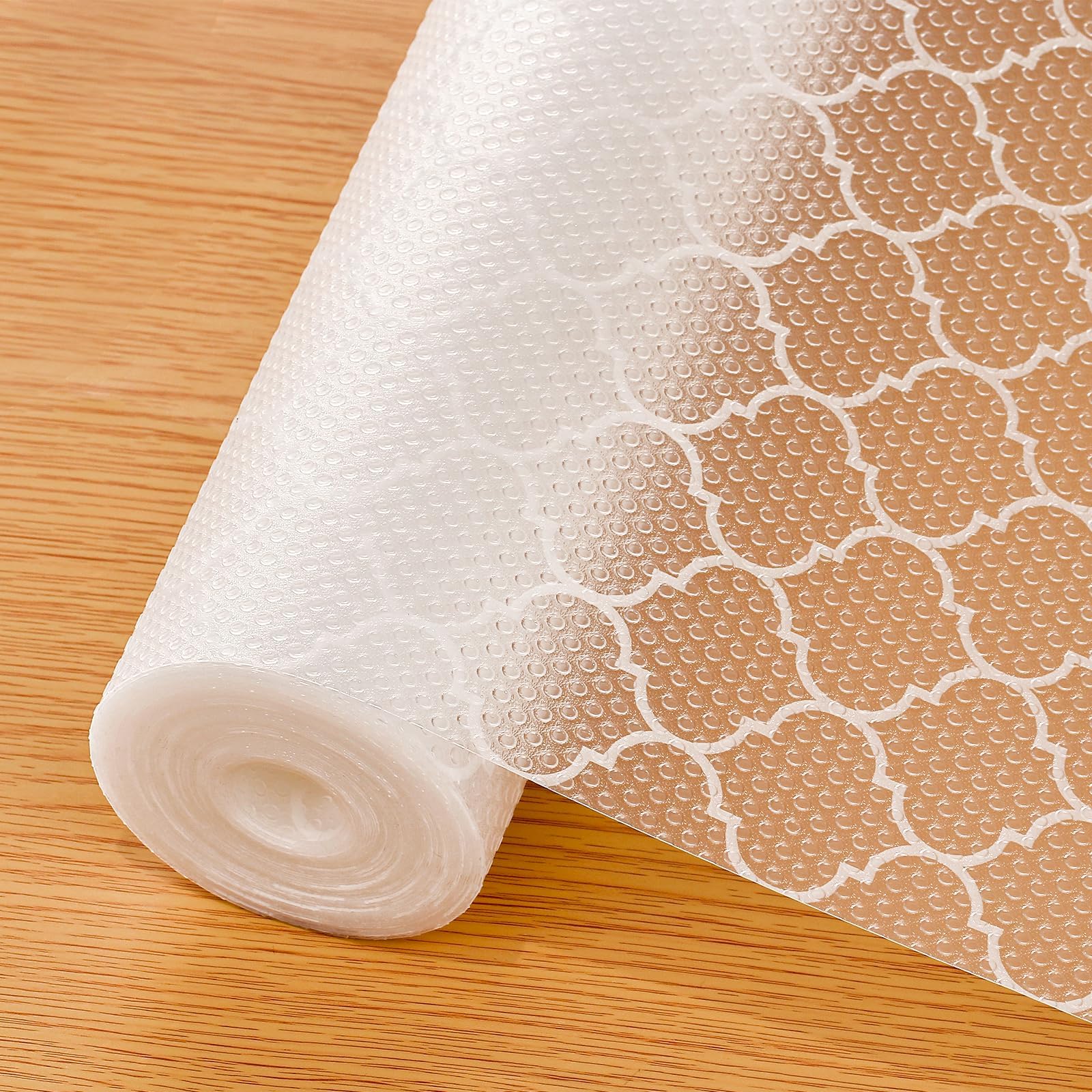 Cooyes shelf liner with modern pattern protects shelves from moisture and stains.