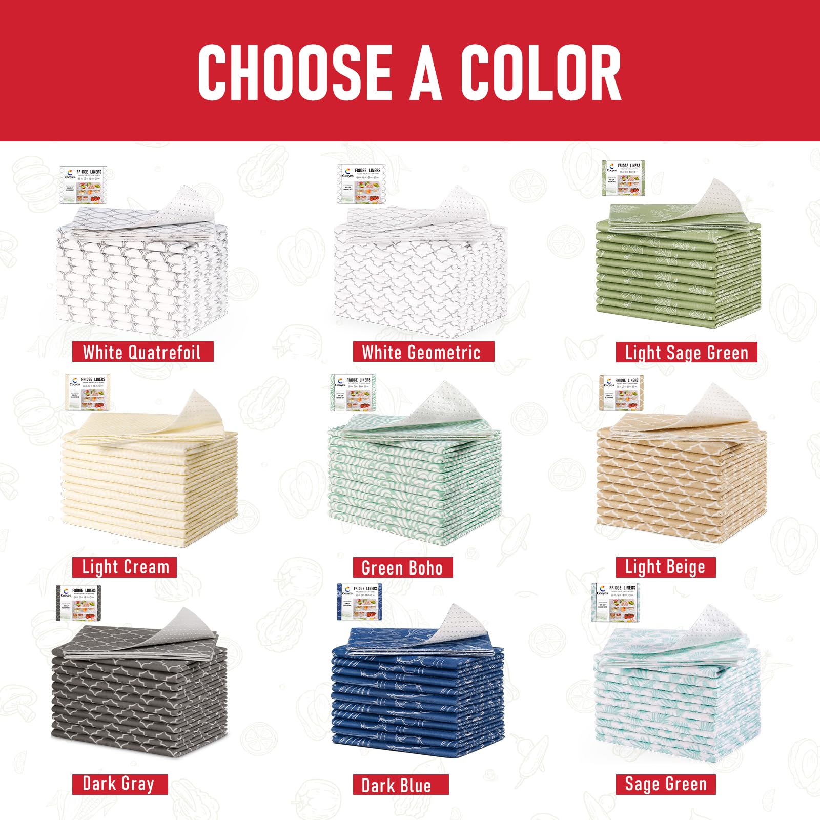 Cooyes six-pack fridge liners cover multiple shelves in a full fridge setup.