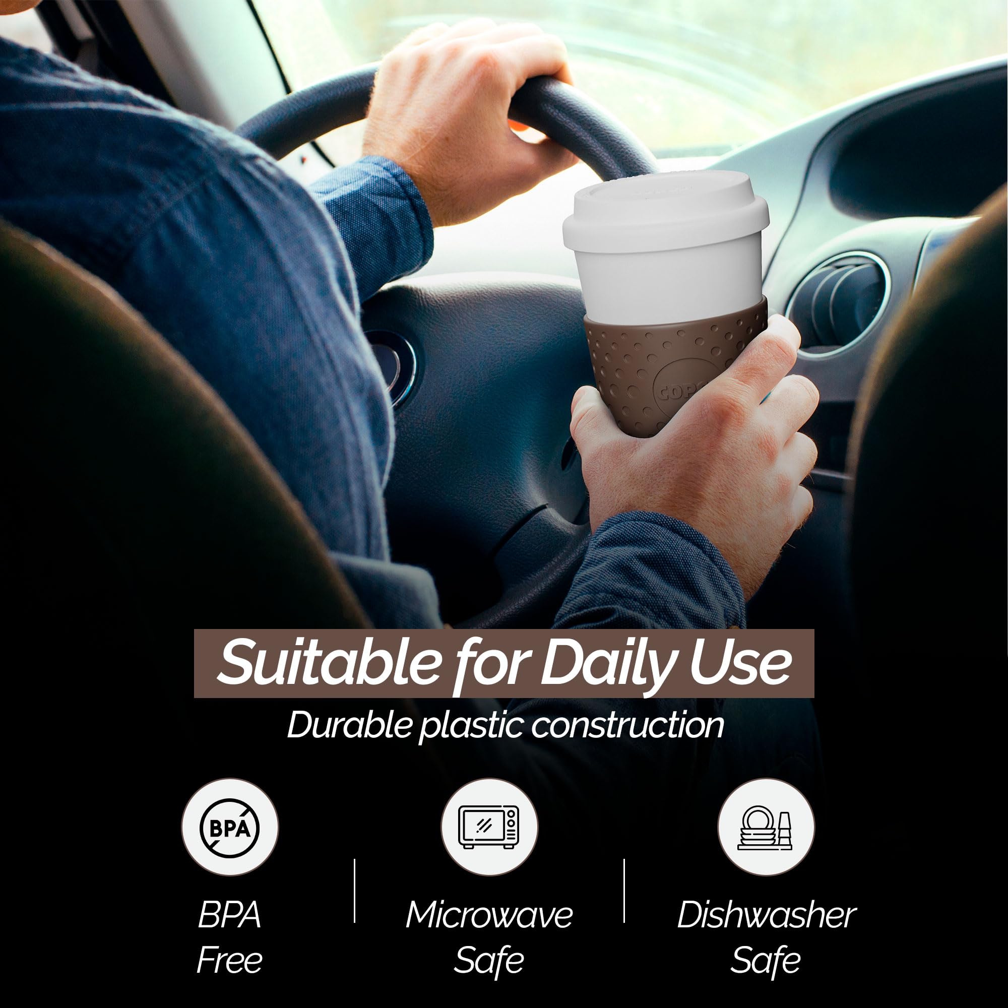 Copco Acadia travel mug fits most car cup holders during commutes.