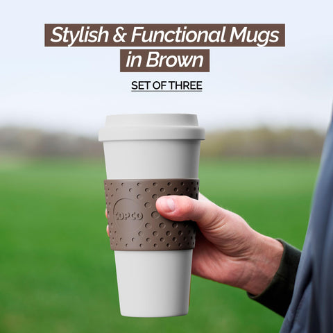 Copco Acadia mug with brown lid demonstrates leak-proof design for on-the-go use.