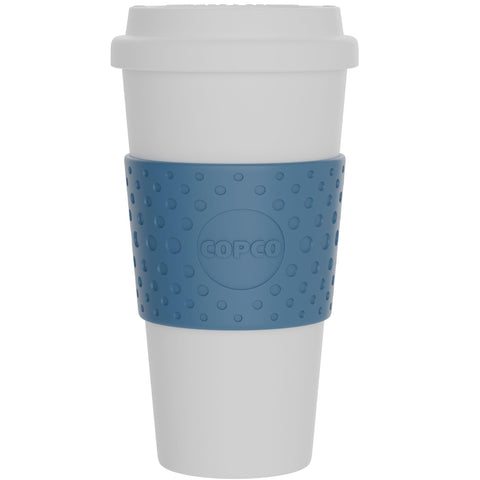 Copco Acadia blue travel mug offers on-the-go coffee with convenient portability.