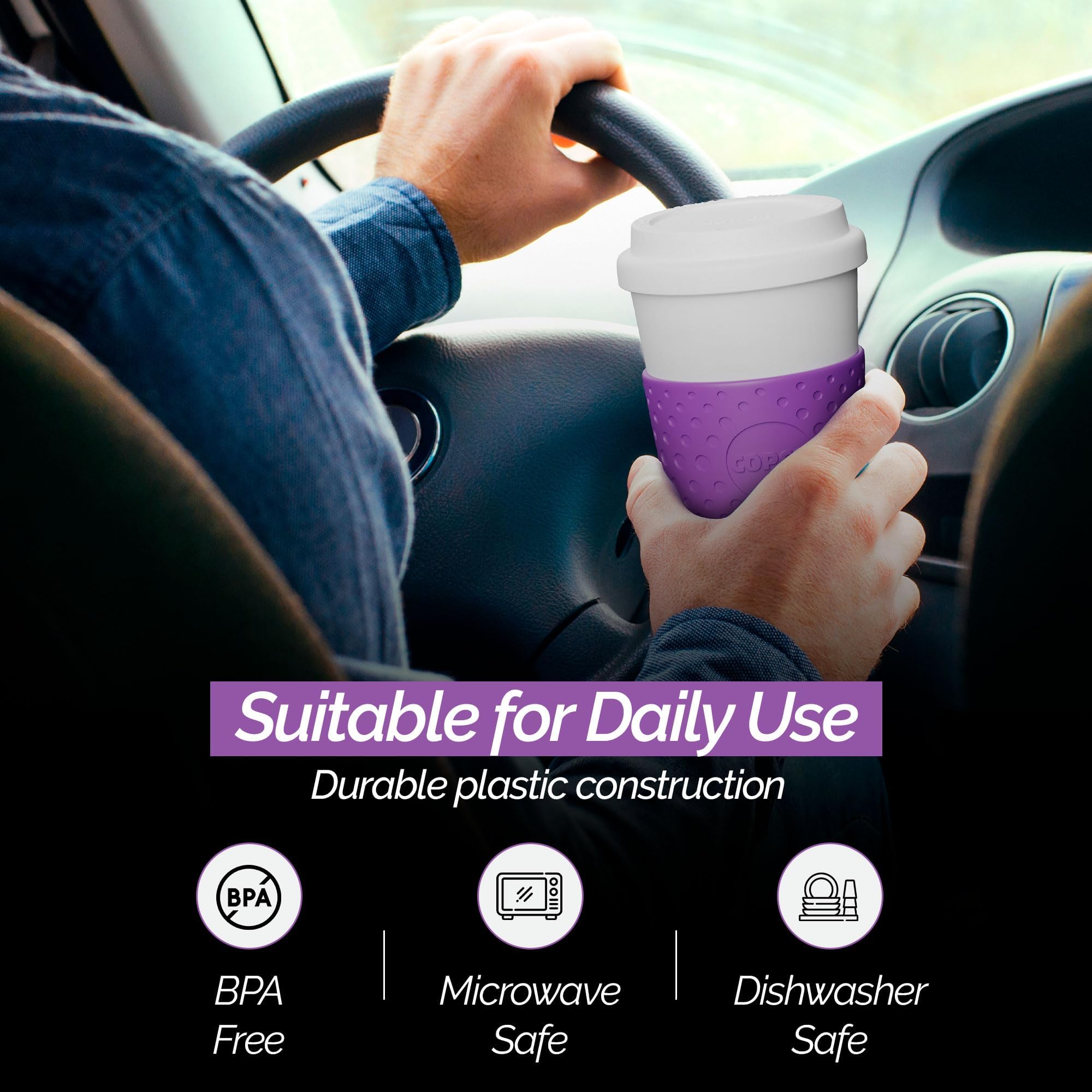 Copco Acadia mug in car cup holder demonstrates 16-ounce capacity for daily routines.