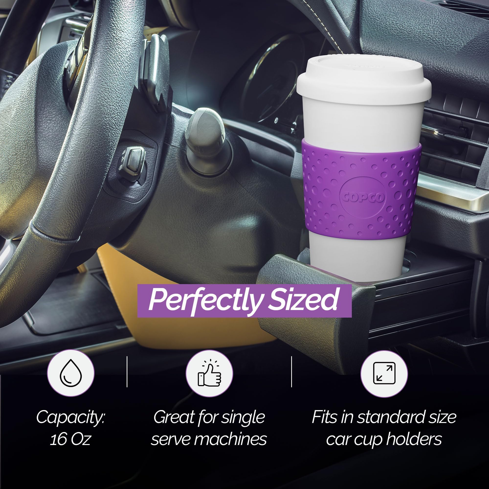 Copco Acadia mug open mouthpiece ready for quick sips on the go.