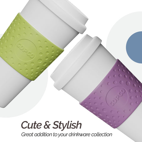 Copco Acadia mug with non-slip sleeve, steady grip during travel.