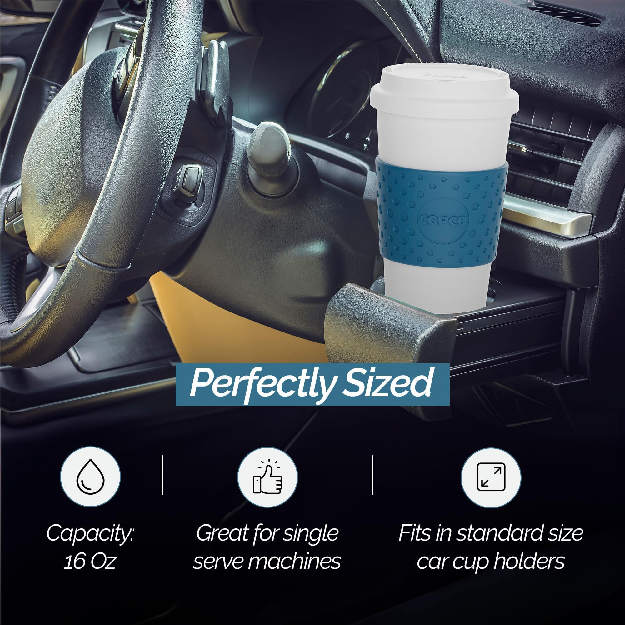 Copco Acadia sustainable reusable mug helps reduce single-use cups.
