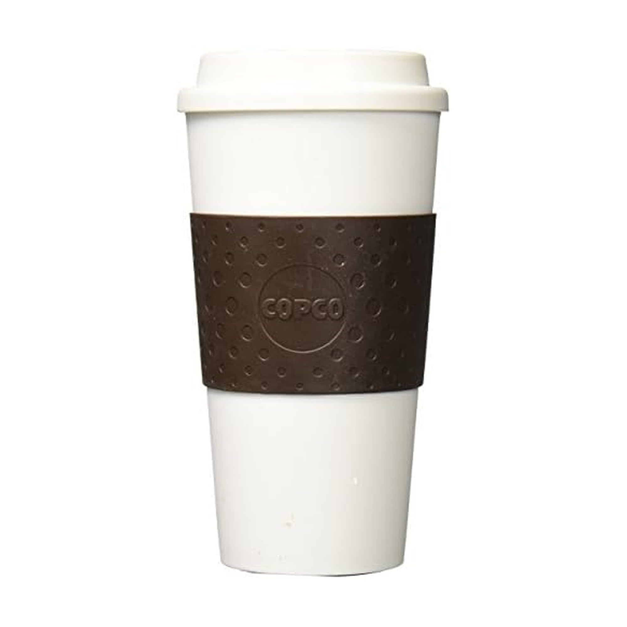 Copco Acadia Travel Mug 16oz brown lid seal demonstrates spill-free design for on-the-go use