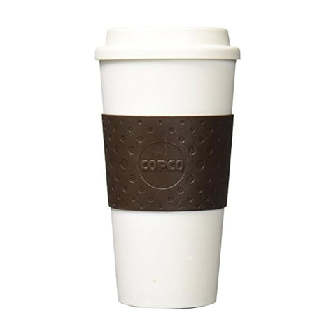 Copco Acadia Travel Mug 16oz brown lid seal demonstrates spill-free design for on-the-go use