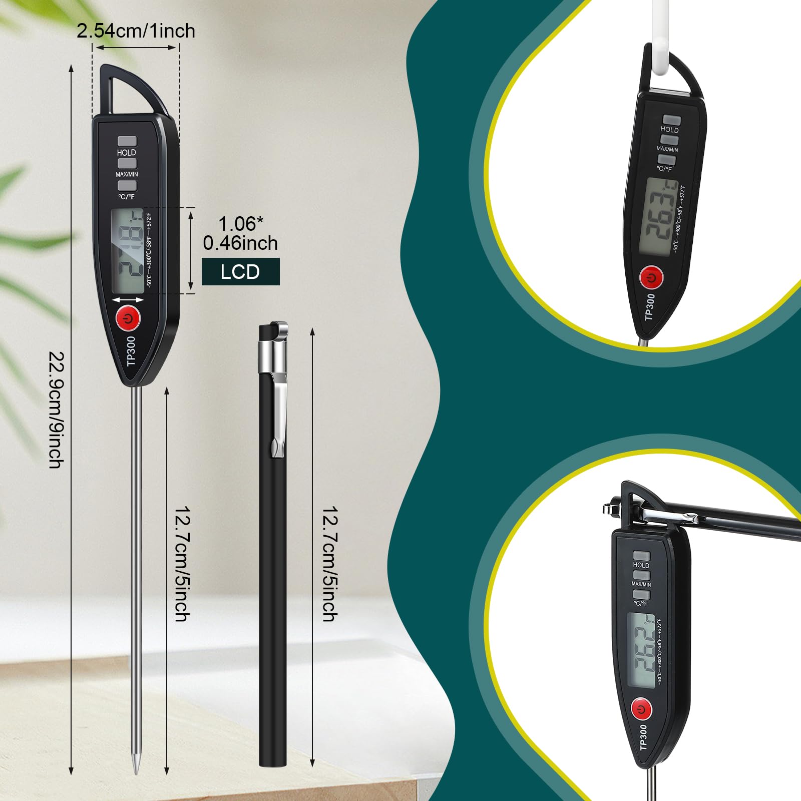 Copkim long‑probe digital thermometer with protective tips for safe handling.