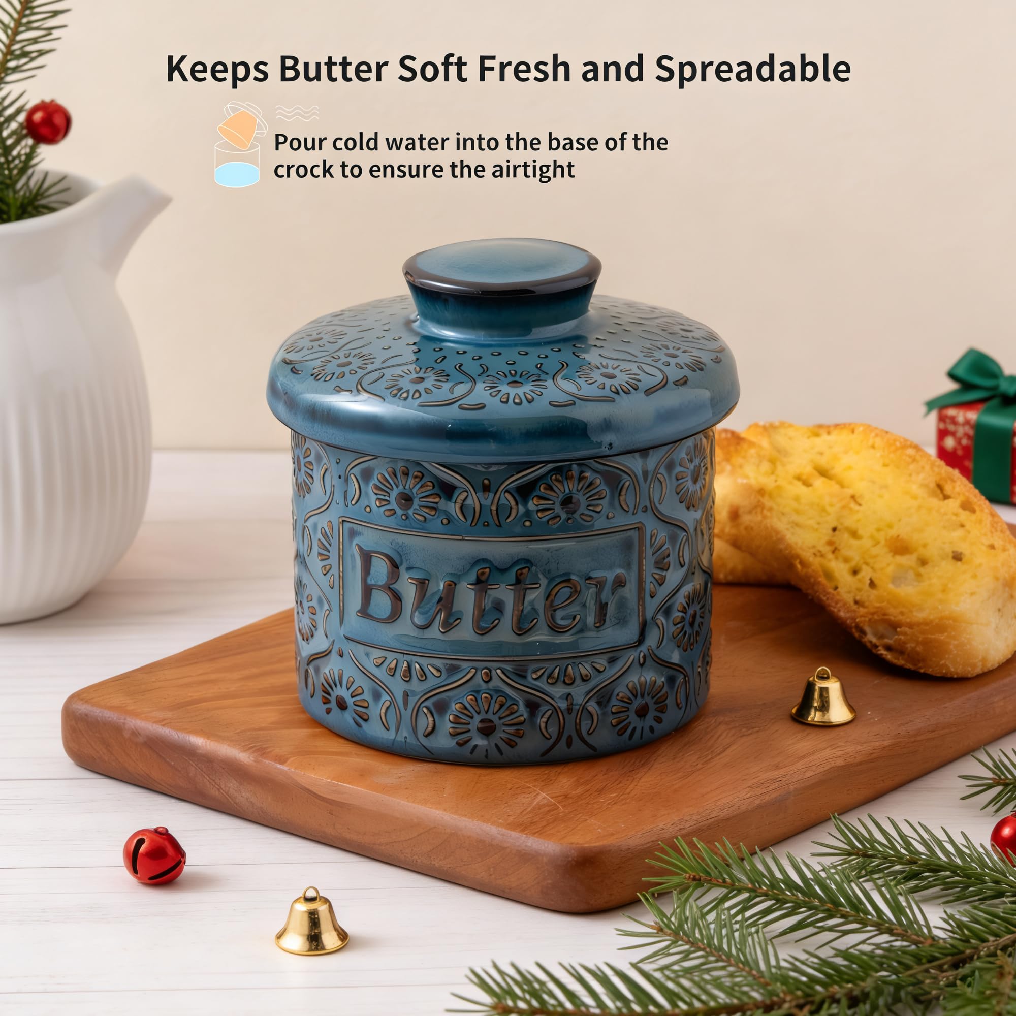 COPORISO butter crock base water line helps preserve freshness on the counter.