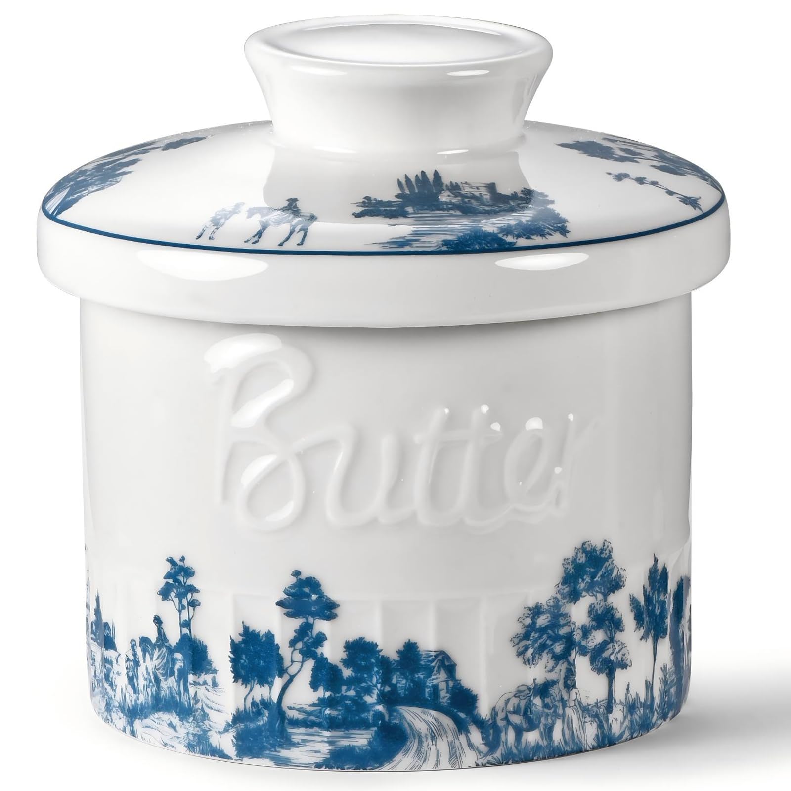 COPORISO butter crock with lid in forest blue on kitchen counter for easy spreading