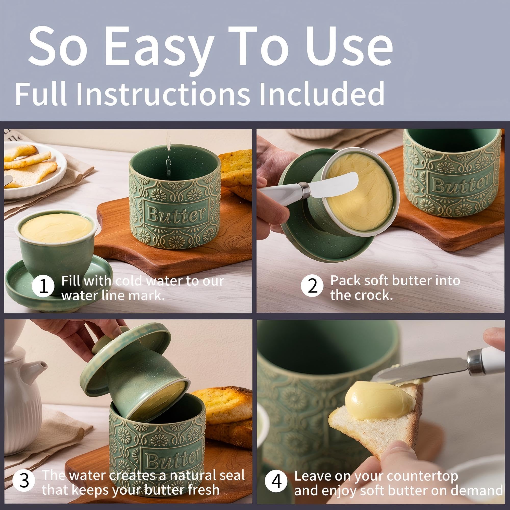 COPORISO vintage-green butter crock with relief decor enhances table setting.