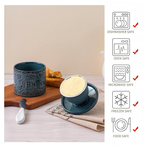 COPORISO dishwasher and microwave-safe butter crock for easy cleanup.
