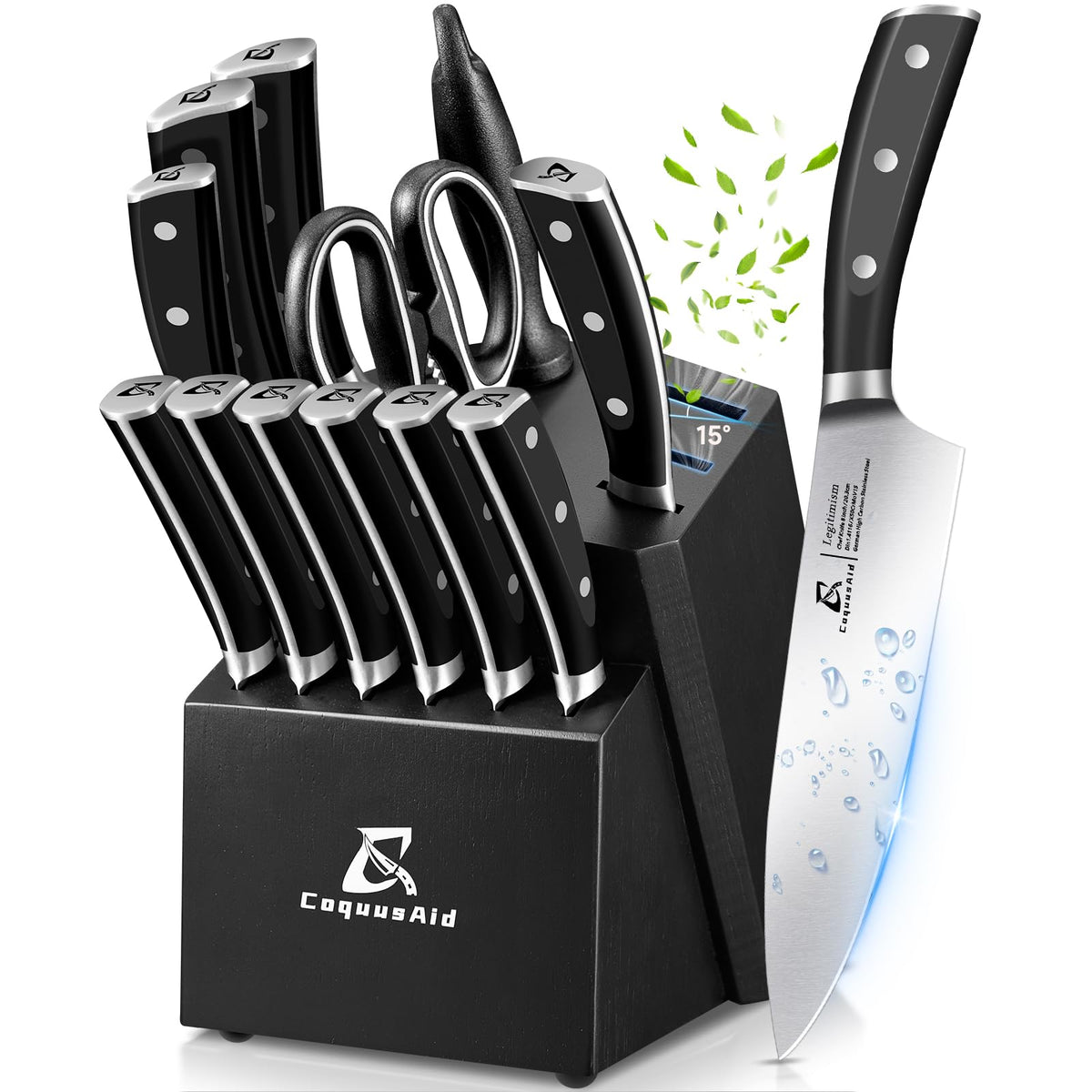 CoquusAid beveled-slot knife block showing easy insertion and removal of blades