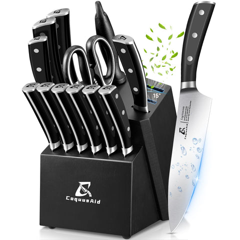 CoquusAid beveled-slot knife block showing easy insertion and removal of blades