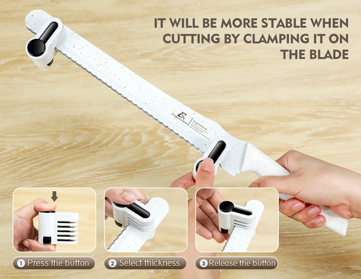 CoquusAid crumb-minimizing bread knife helps keep slicing tidy.