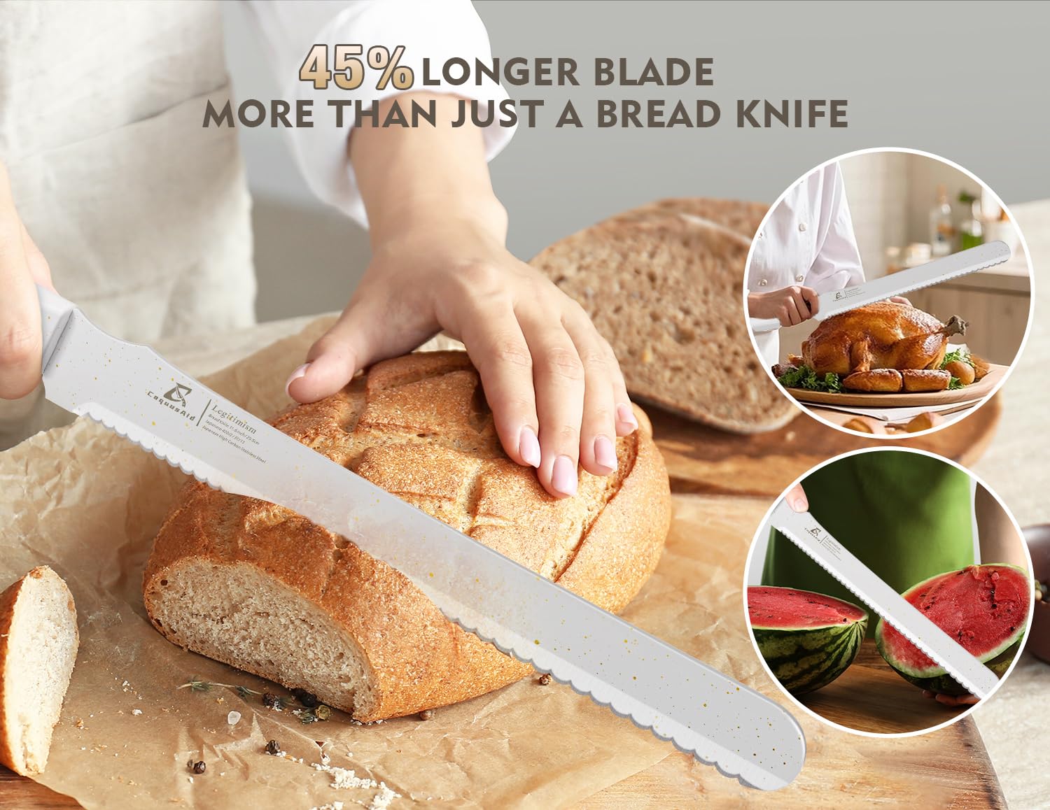 CoquusAid long blade handles large fruits and meats beyond bread with ease.