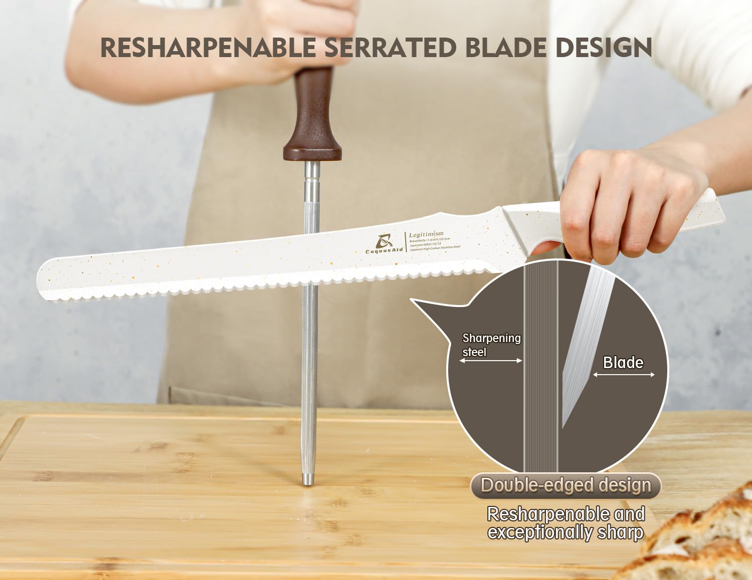 CoquusAid serrated bread knife provides effortless, even cuts through soft and crusty bread.