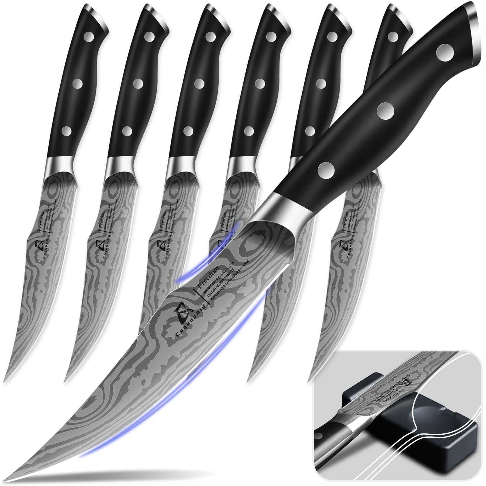 CoquusAid steak knife set with a full-tang Damascus-pattern blade for precise cuts.