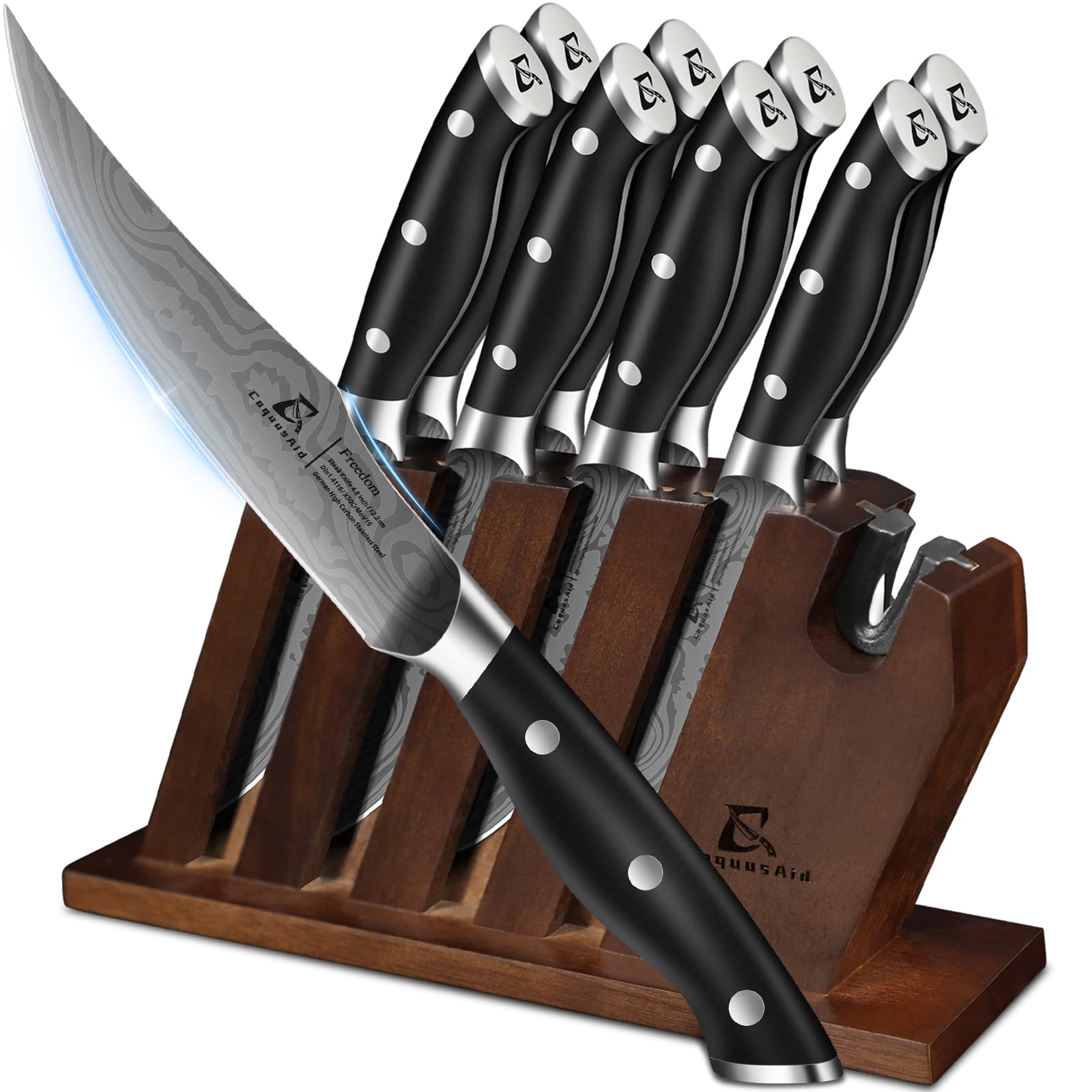 CoquusAid steak knives in a stylish block design for organized, accessible storage.
