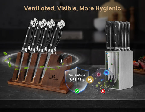 CoquusAid steak knives with built-in sharpener for quick maintenance and sharp cuts.