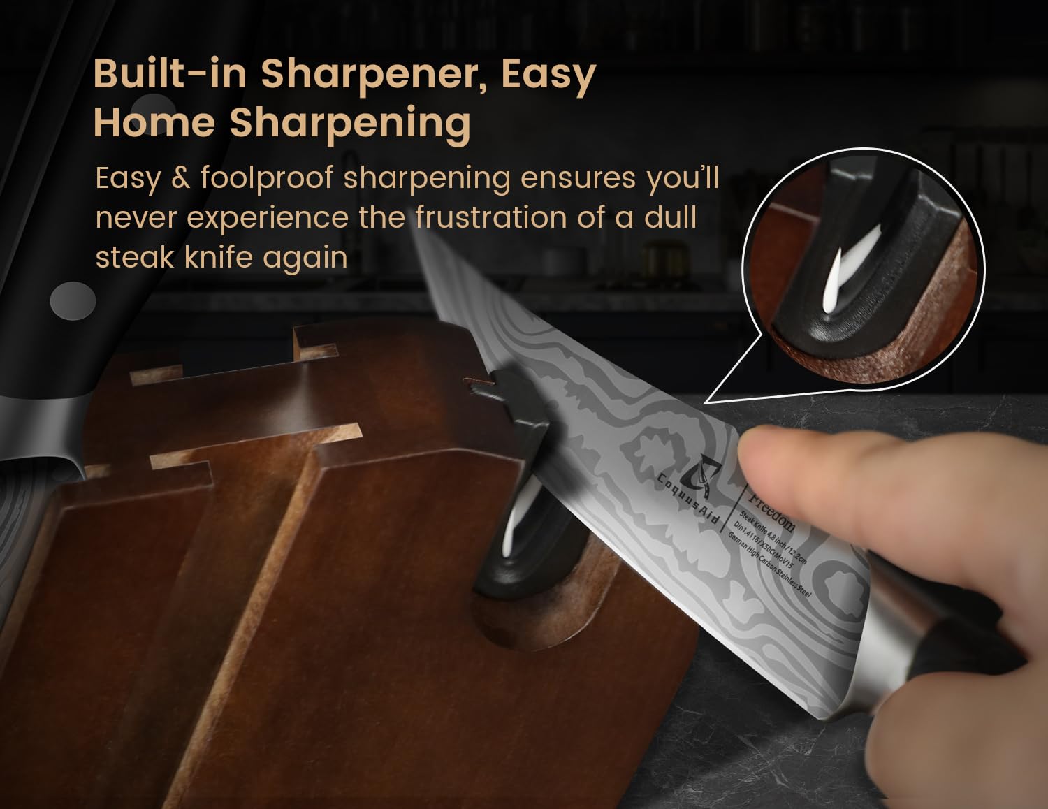 CoquusAid ergonomic handle promotes comfortable, safe slicing during family meals.