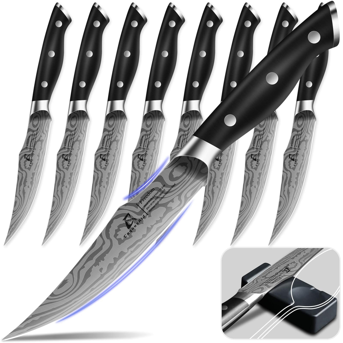 CoquusAid steak knife set with durable stainless blades for home dining.