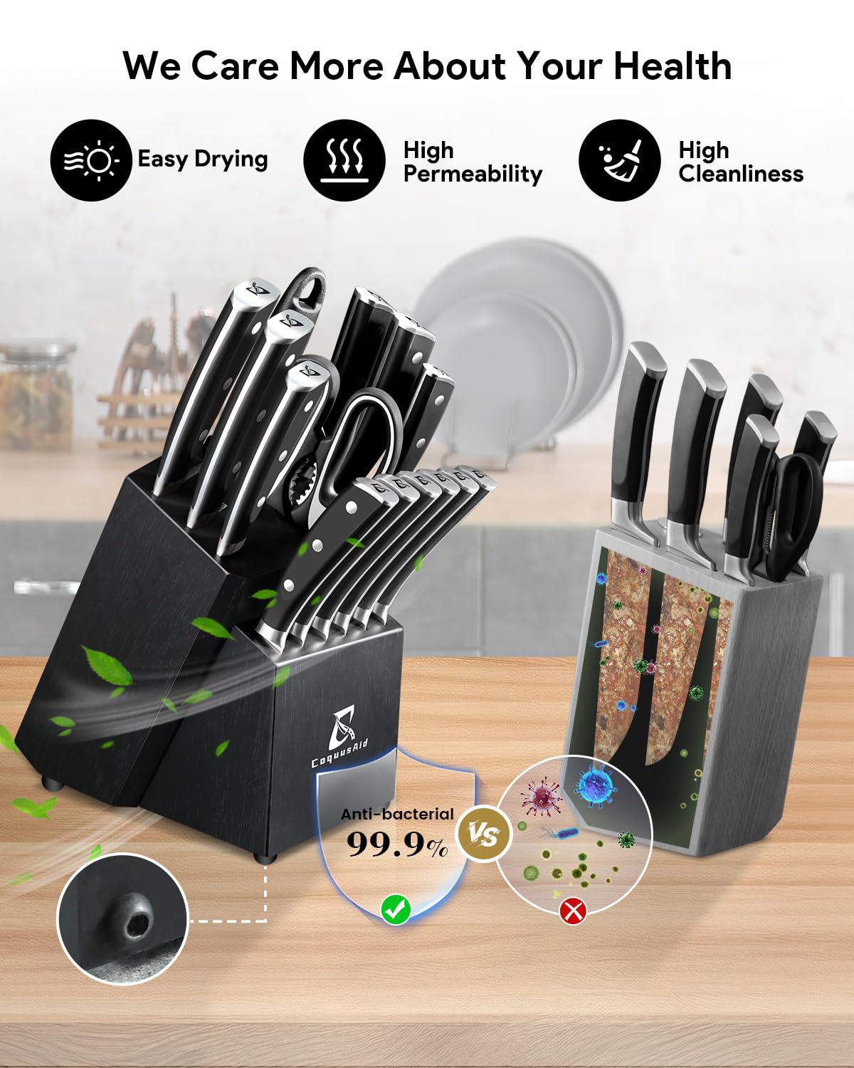 CoquusAid ventilated knife block prevents blade contact and keeps blades safe